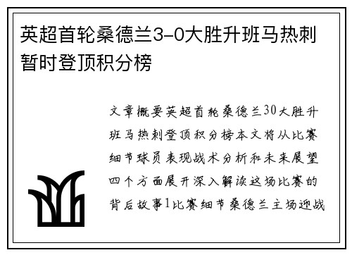 英超首轮桑德兰3-0大胜升班马热刺 暂时登顶积分榜