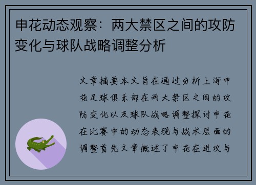 申花动态观察：两大禁区之间的攻防变化与球队战略调整分析